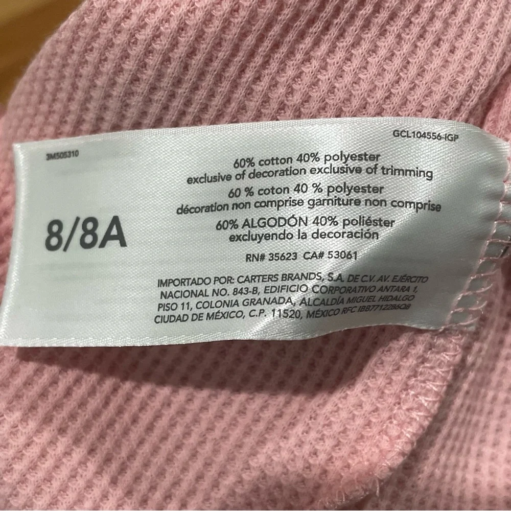 Carter’s Girls Size 8 or 8A Long Sleeve Top Solid Pink Small Waffle Knit NWT